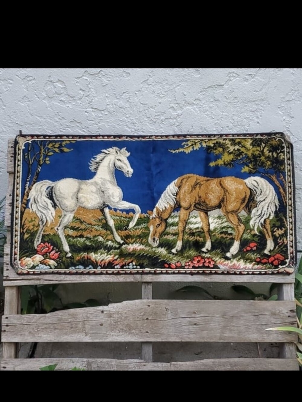 Vintage 2 Horse Wall Hanging Rug Tapestry 38" x 19"